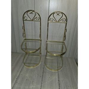 Vtg Heart Brass/Glass Wall Shelf Two Tier Home Decor MCM Knick Knack Bathroom